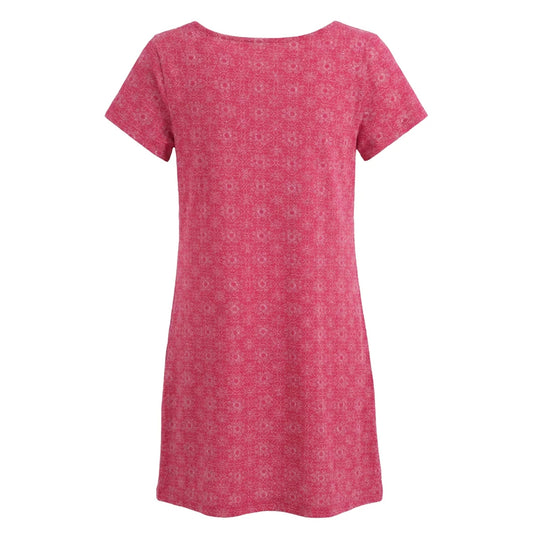 Back view of a womens Lazy Jacks short sleeve LJ118 tunic in dark pink with a geometric pattern.