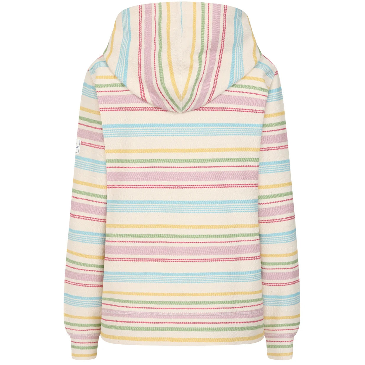 Back view of a women's Lazy Jacks LJ302 full zip hoodie in multicoloured pastel stripes with tummy pockets