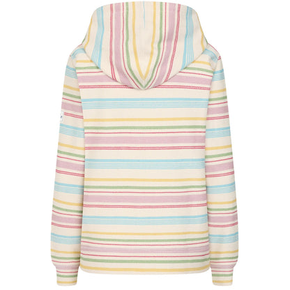 Back view of a women's Lazy Jacks LJ302 full zip hoodie in multicoloured pastel stripes with tummy pockets