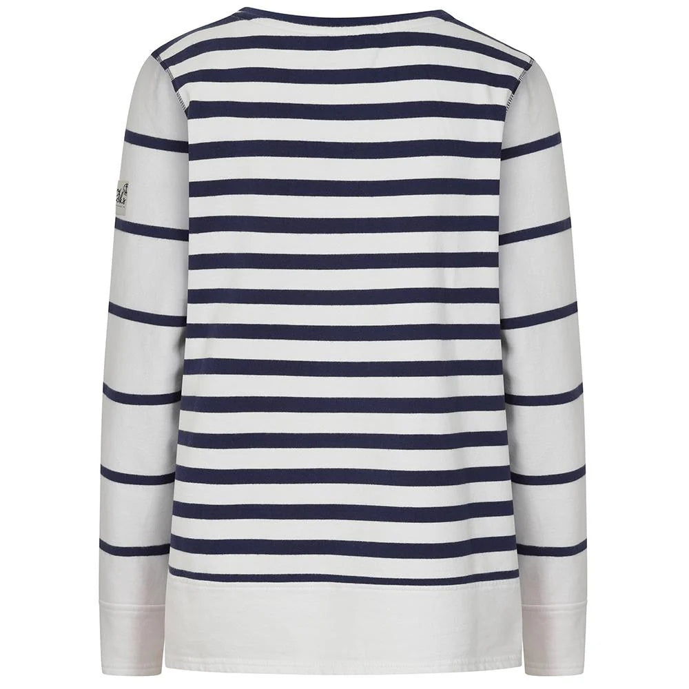 Back view of a womens Lazy Jacks LJ131S stripe crew neck sweatshirt in white and navy.