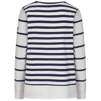 Back view of a womens Lazy Jacks LJ131S stripe crew neck sweatshirt in white and navy.
