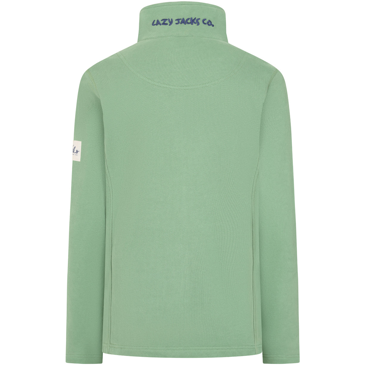 Back view of a womens Lazy Jacks LJ33 zip through sweatshirt in Samphire Green with embroidered logo on the back of the collar and small logo label on the sleeve