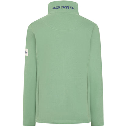 Back view of a womens Lazy Jacks LJ33 zip through sweatshirt in Samphire Green with embroidered logo on the back of the collar and small logo label on the sleeve