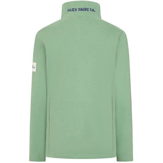 Back view of a womens Lazy Jacks LJ33 zip through sweatshirt in Samphire Green with embroidered logo on the back of the collar and small logo label on the sleeve