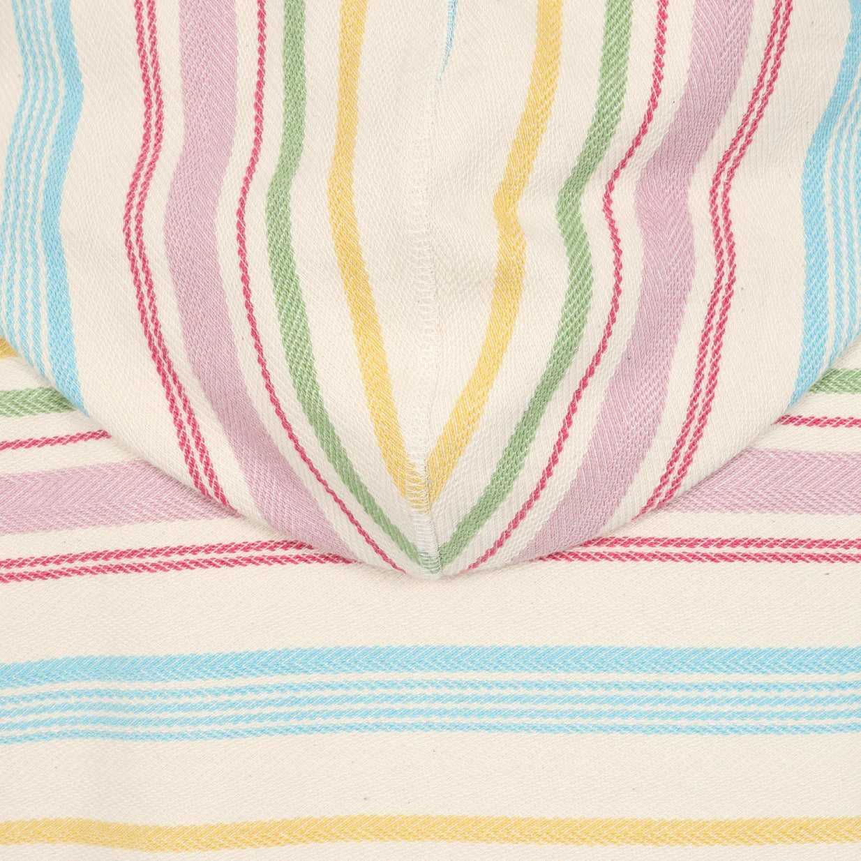 Close-up view of the hood and woven fabric of a women's Lazy Jacks LJ302 hoodie in cream with a multicoloured pastel stripe pattern.