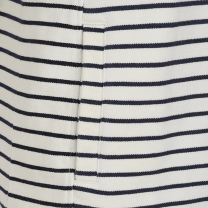Close-up view of a pocket on a womens Lazy Jacks LJ304S full zip stripe sweatshirt in off white with Twilight navy stripes.