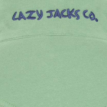 Close-up view of the embroidered logo on the back of the collar of a womens Lazy Jacks LJ33 zip through sweatshirt in Samphire Green.