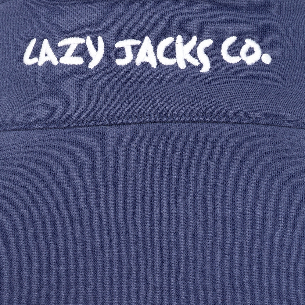 Close-up view of the embroidered collar of a womens Lazy Jacks LJ33 full zip sweatshirt in Twilight Navy