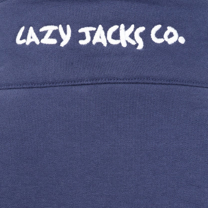 Close-up view of the embroidered collar of a womens Lazy Jacks LJ33 full zip sweatshirt in Twilight Navy
