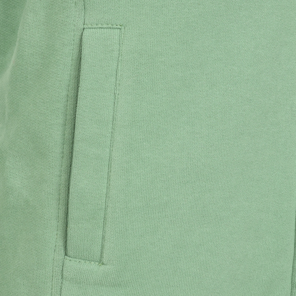 Close-up view of a tummy pocket on a womens Lazy Jacks LJ33 zip through sweatshirt in Samphire Green.