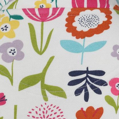 Close-up view of the vibrant multicolour floral 'Bouquet' print of a kids Lazy Jacks LJ35CP 1/4 zip sweatshirt.