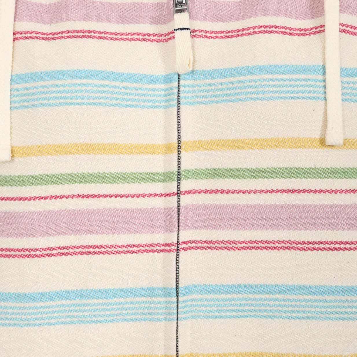 Close-up view of the zip of a women's Lazy Jacks LJ302 hoodie in cream with a multicoloured pastel stripe pattern.