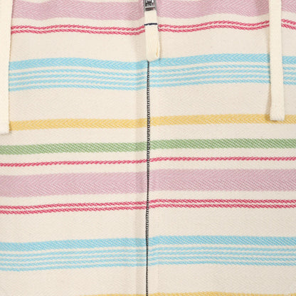 Close-up view of the zip of a women's Lazy Jacks LJ302 hoodie in cream with a multicoloured pastel stripe pattern.