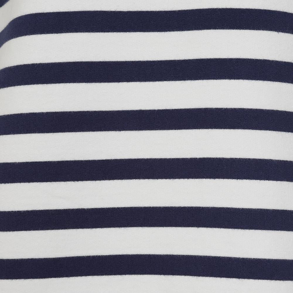 Close-up view of the white and navy stripe pattern of a womens Lazy Jacks LJ131S crew neck sweatshirt.