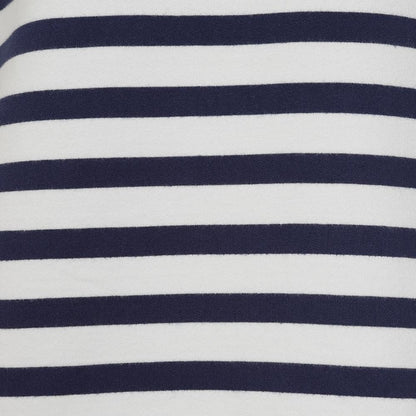 Close-up view of the white and navy stripe pattern of a womens Lazy Jacks LJ131S crew neck sweatshirt.