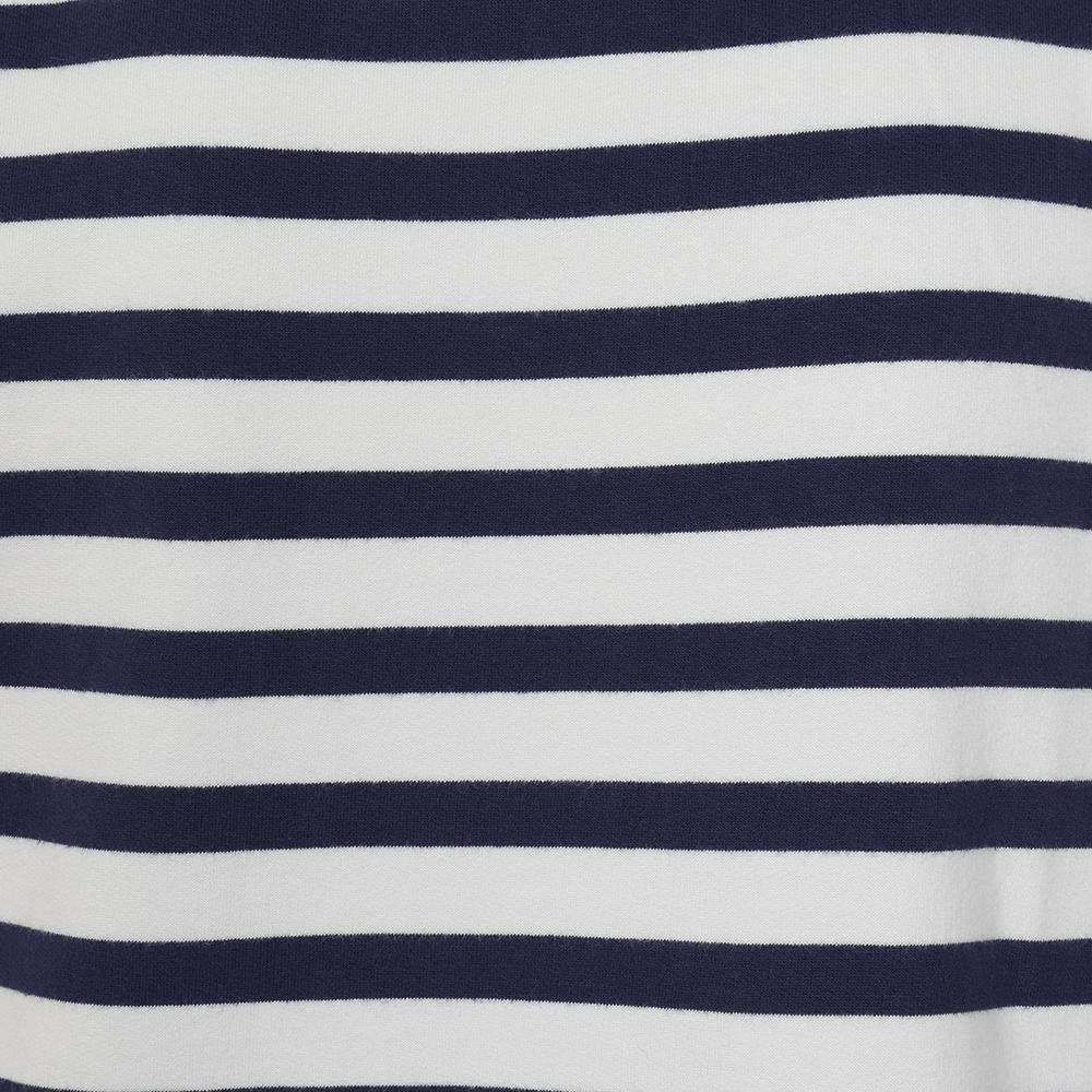 Close-up view of a womens Lazy Jacks LJ131S stripe crew neck sweatshirt in white and navy.