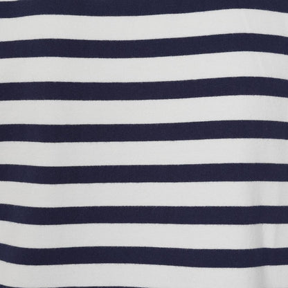 Close-up view of a womens Lazy Jacks LJ131S stripe crew neck sweatshirt in white and navy.