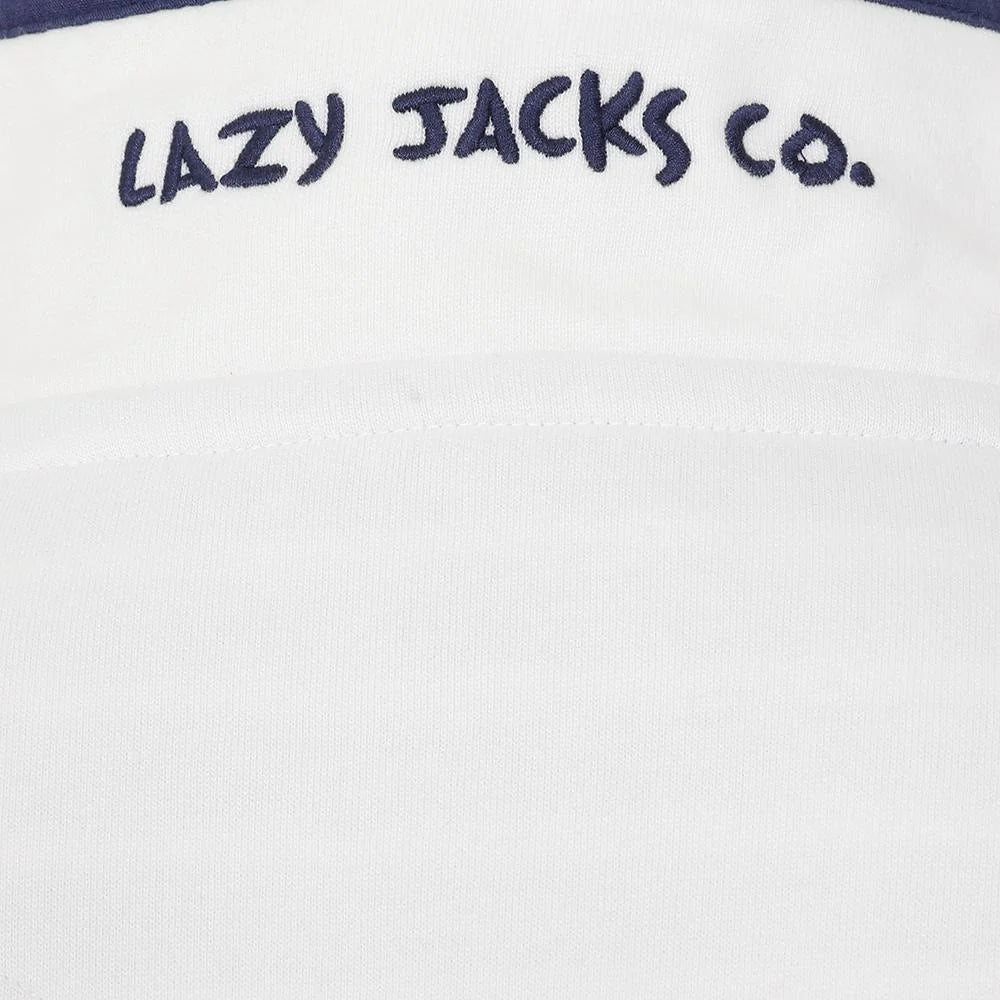 Lazy Jacks Porthleven print sweatshirt in white with navy detailing and logo on the collar