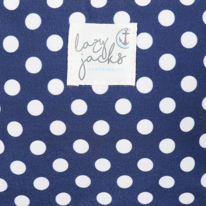 Lazy Jacks cosmetic bag blue dot pattern with white label and anchor logo on navy background