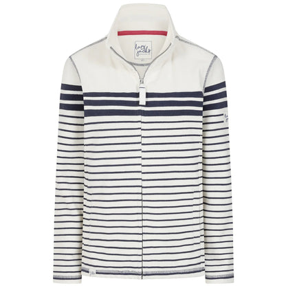 Front view of a womens Lazy Jacks LJ304S full zip stripe sweatshirt in off white with Twilight navy stripes.