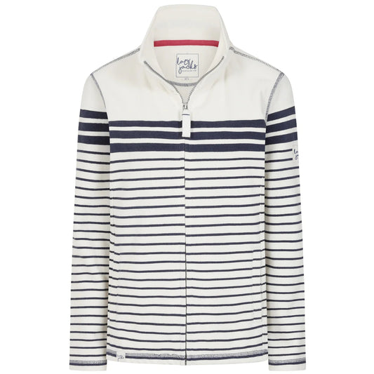 Front view of a womens Lazy Jacks LJ304S full zip stripe sweatshirt in off white with Twilight navy stripes.