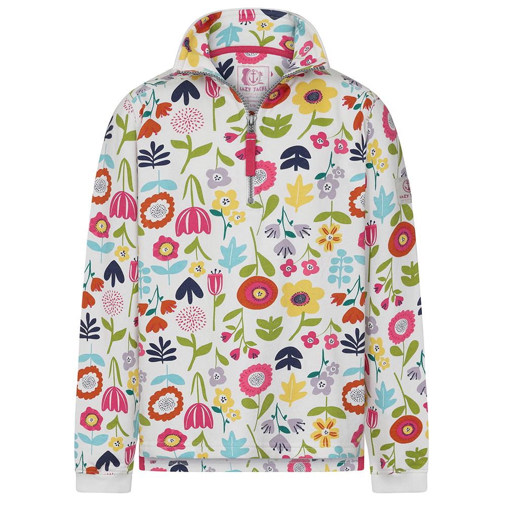 Front view of a kids Lazy Jacks LJ35CP 1/4 zip sweatshirt in white with a vibrant multicolour floral 'Bouquet' print