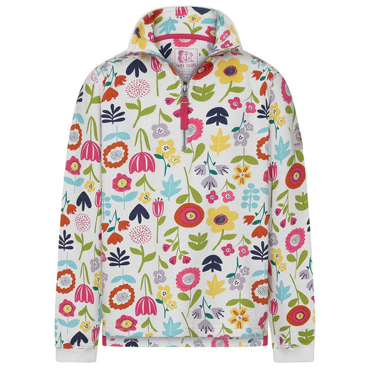 Front view of a kids Lazy Jacks LJ35CP 1/4 zip sweatshirt in white with a vibrant multicolour floral 'Bouquet' print