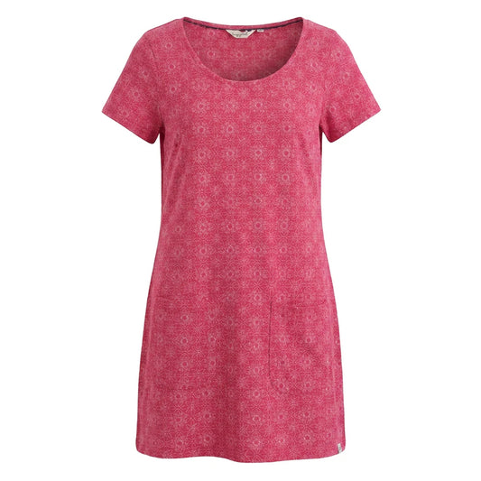 Front view of a womens Lazy Jacks short sleeve LJ118 tunic in dark pink with a geometric pattern.