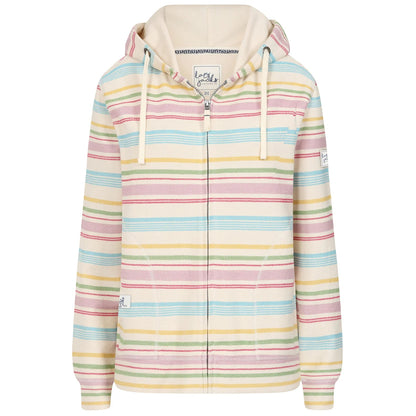 Front view of a women's Lazy Jacks LJ302 full zip hoodie in multicoloured pastel stripes with tummy pockets