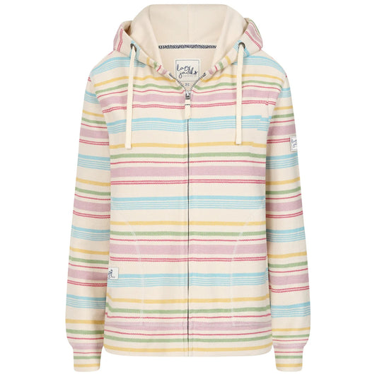 Front view of a women's Lazy Jacks LJ302 full zip hoodie in multicoloured pastel stripes with tummy pockets