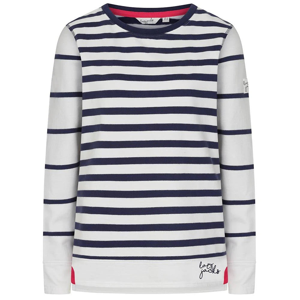 Front view of a womens Lazy Jacks LJ131S stripe crew neck sweatshirt in white and navy.