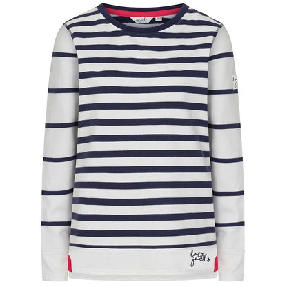Front view of a womens Lazy Jacks LJ131S stripe crew neck sweatshirt in white and navy.