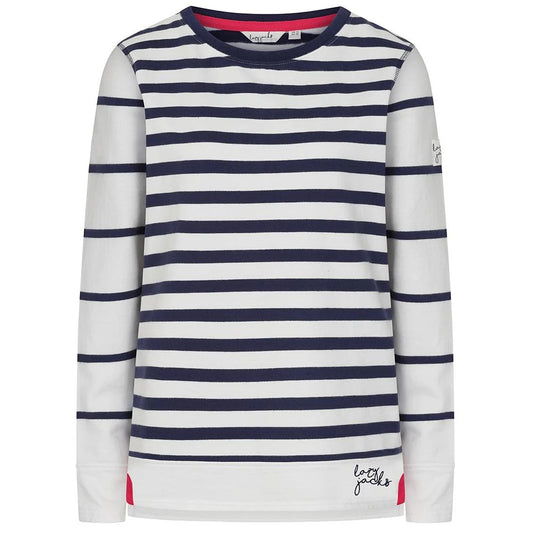 Front view of a womens Lazy Jacks LJ131S stripe crew neck sweatshirt in white and navy.