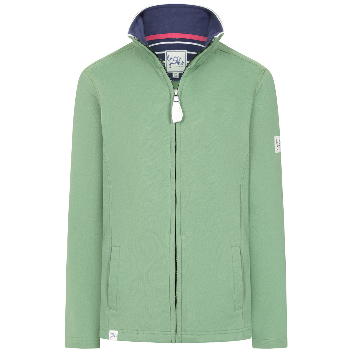 Front view of a womens Lazy Jacks LJ33 zip through sweatshirt in Samphire Green with tummy pockets and small logo labels