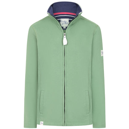 Front view of a womens Lazy Jacks LJ33 zip through sweatshirt in Samphire Green with tummy pockets and small logo labels
