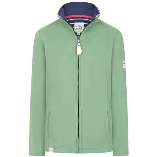 Front view of a womens Lazy Jacks LJ33 zip through sweatshirt in Samphire Green with tummy pockets and small logo labels