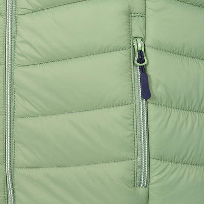 Close-up view of a zip pocket on a womens Lazy Jacks GL2 lightweight padded gilet in Grass Green
