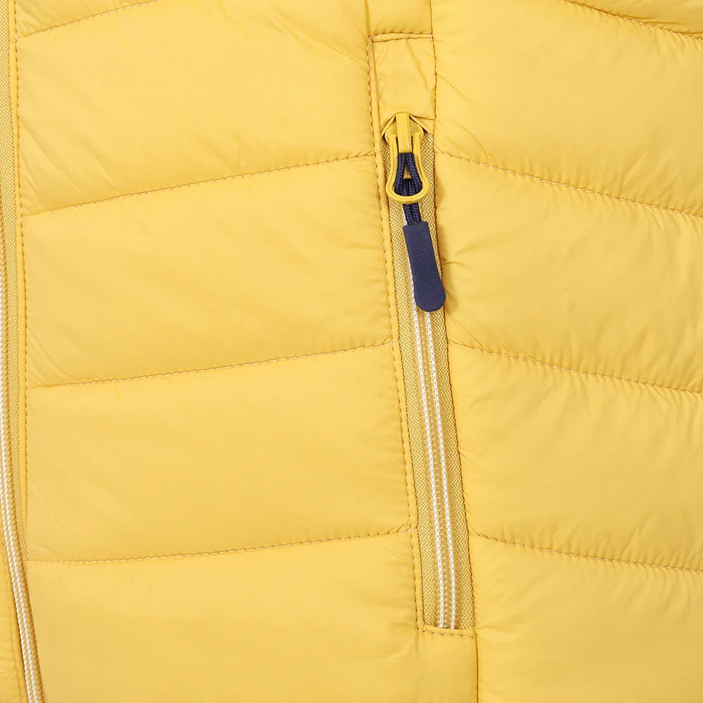 Close-up view of a zip pocket on a womens Lazy Jacks GL2 lightweight padded gilet in Lemon Yellow