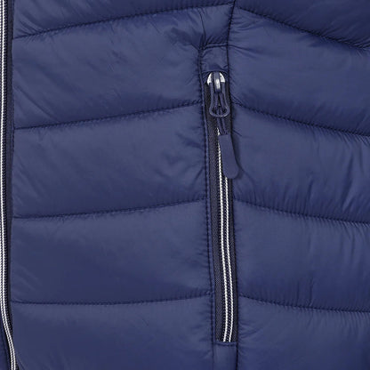Close-up view of a zip pocket on a womens Lazy Jacks GL2 lightweight padded gilet in Twilight Navy.
