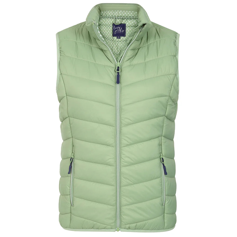 Front view of a womens Lazy Jacks GL2 lightweight padded gilet in Grass Green