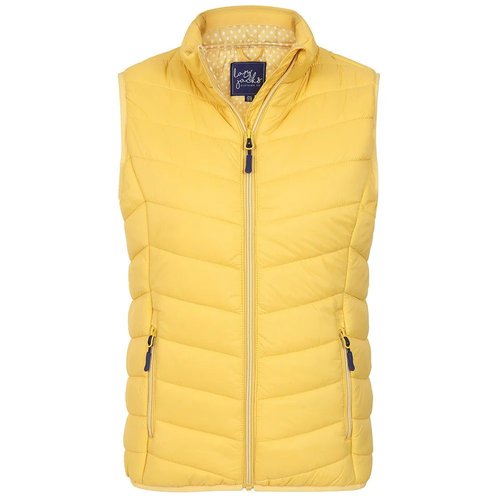 Front view of a womens Lazy Jacks GL2 lightweight padded gilet in Lemon Yellow