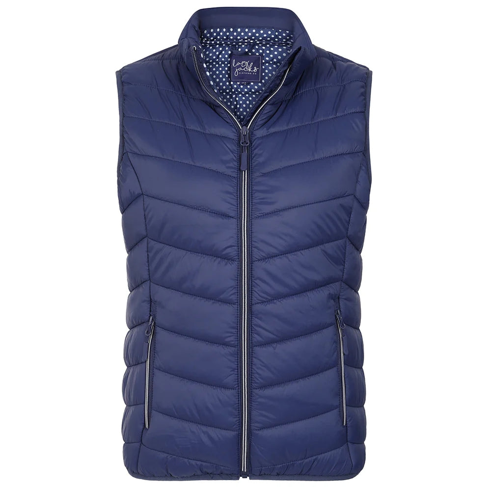 Front view of a womens Lazy Jacks GL2 lightweight padded gilet in Twilight Navy.