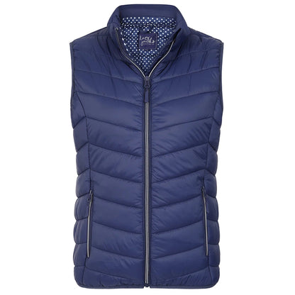 Front view of a womens Lazy Jacks GL2 lightweight padded gilet in Twilight Navy.
