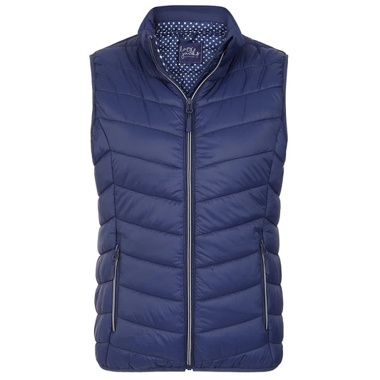 Front view of a womens Lazy Jacks GL2 lightweight padded gilet in Twilight Navy.