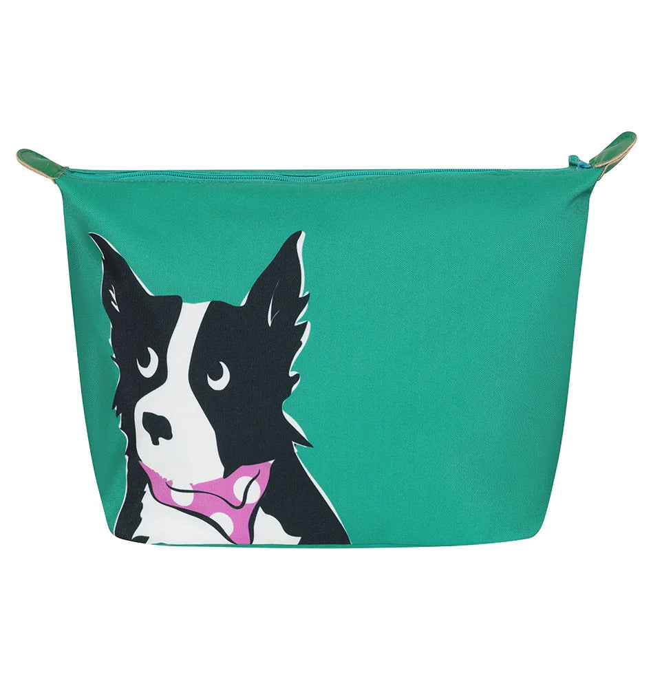 Lazy Jacks green sheep dog bag with black and white dog graphic and pink scarf design