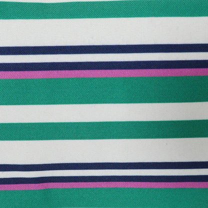 Close-up of fabric pattern on Lazy Jacks green stripe cosmetic bag with green, white, navy, and purple stripes