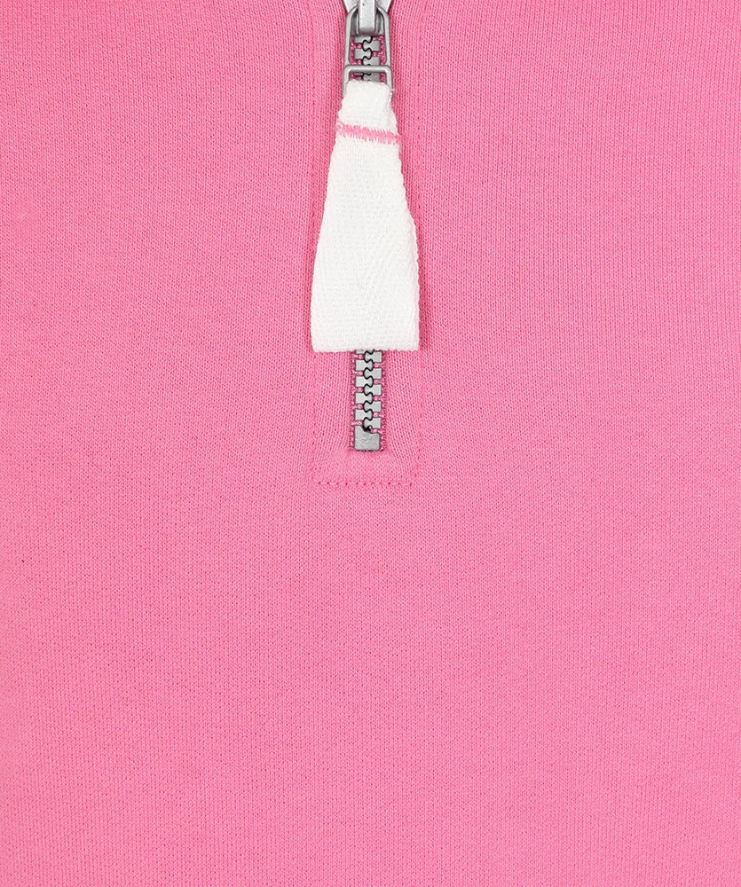 Close-up of Lazy Jacks kids Porthleven sweatshirt featuring a zip collar in bright pink.