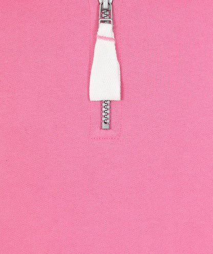 Close-up of Lazy Jacks kids Porthleven sweatshirt featuring a zip collar in bright pink.