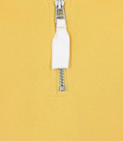 Close-up of Lazy Jacks kids Porthleven sweatshirt featuring a yellow fabric and half-zip design