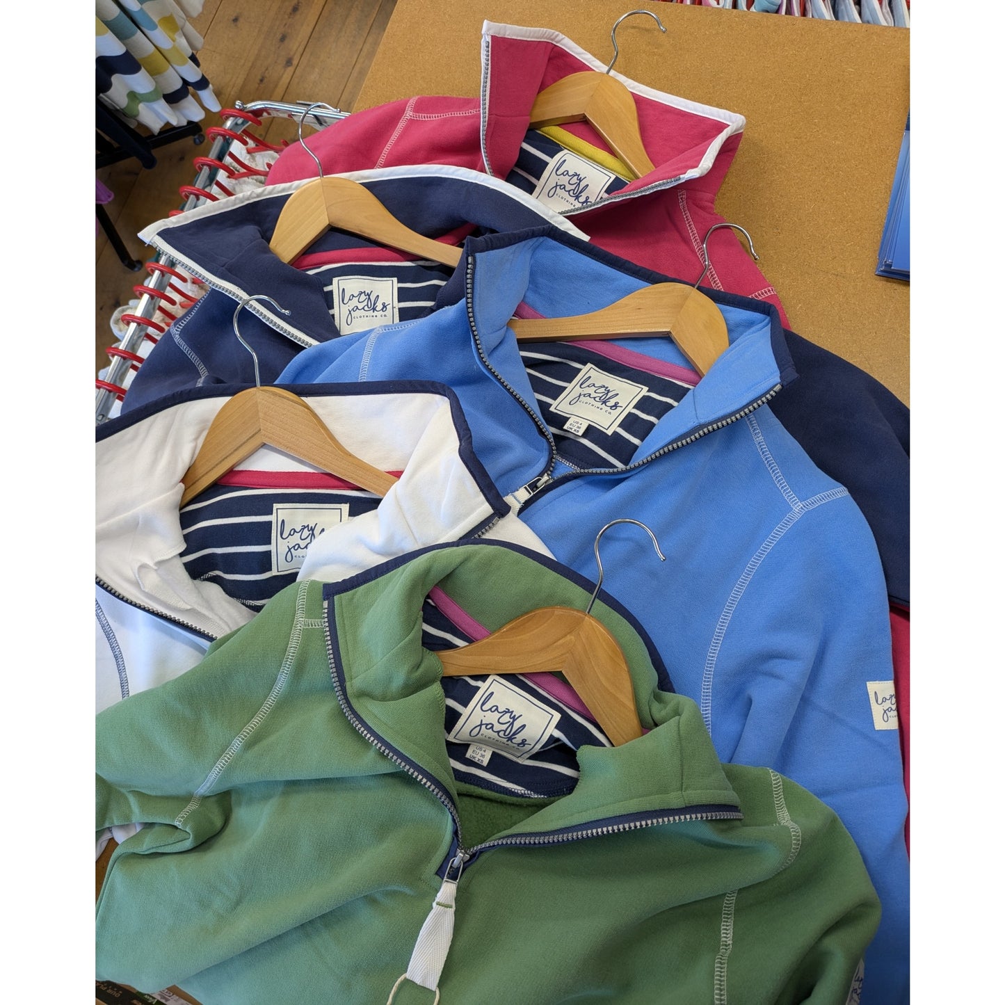 Selection of womens Lazy Jacks LJ3 zip neck sweatshirt in cherry, navy, blue, white and green